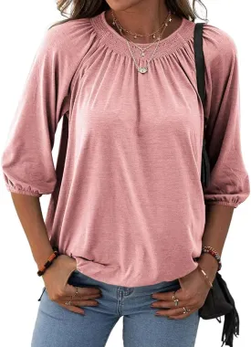 Grlasen Women's Solid Crew Neck T Shirt Blouse Cotton Half Sleeve 3/4 Sleeve Casual Loose Pleated Basic Tops
