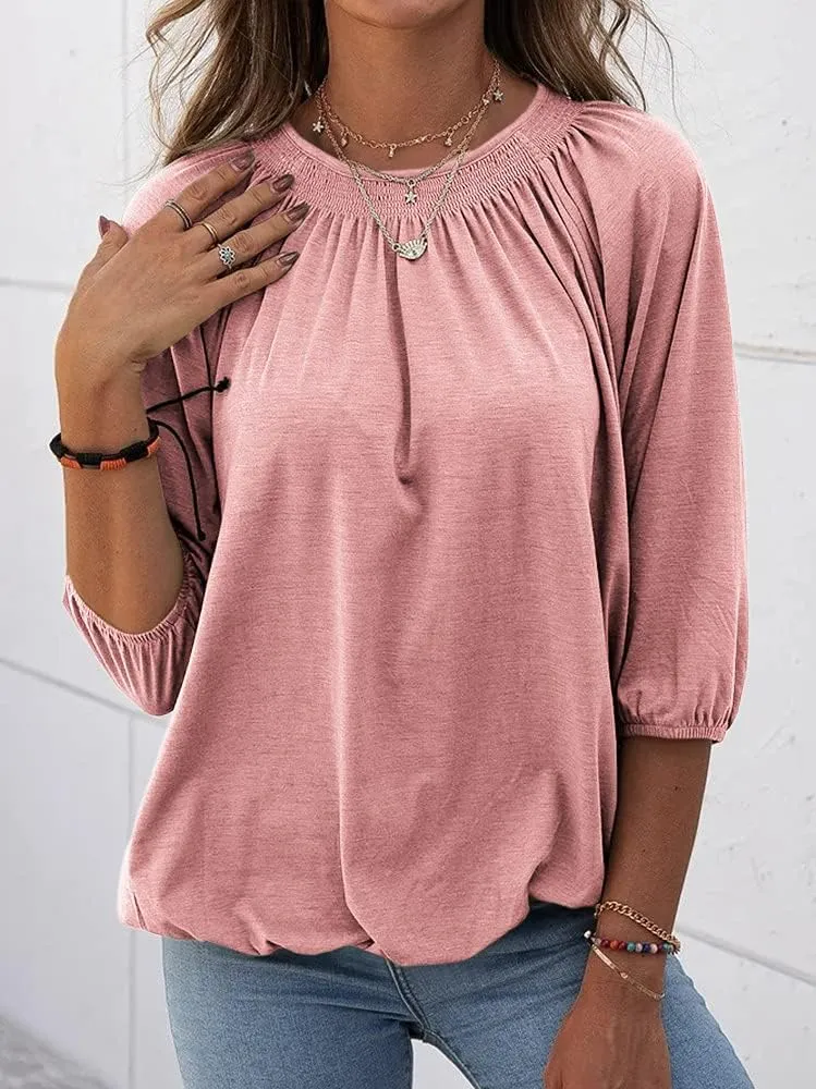 Grlasen Women's Solid Crew Neck T Shirt Blouse Cotton Half Sleeve 3/4 Sleeve Casual Loose Pleated Basic Tops