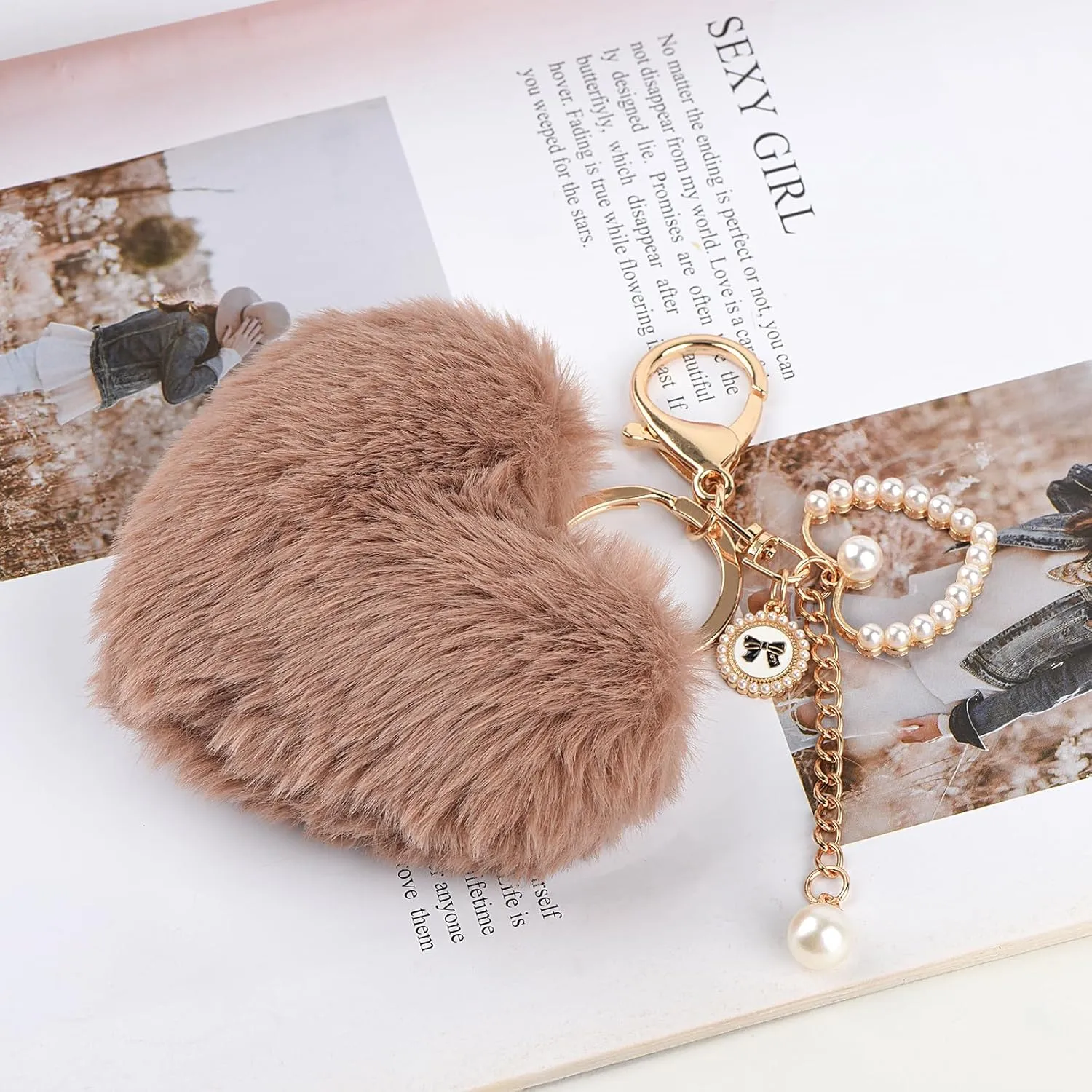 Heart Plush Keychain, Faux Fur Pom Pom Bag Charms, Cute Accessories for Backpacks Purse Car Key