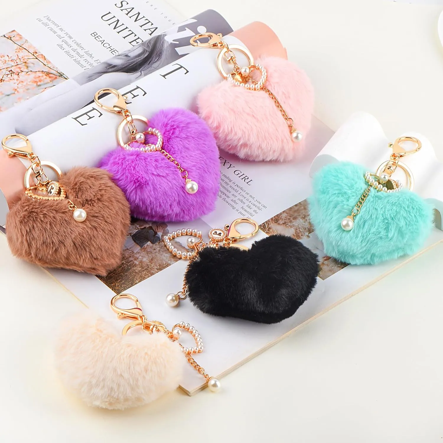 Heart Plush Keychain, Faux Fur Pom Pom Bag Charms, Cute Accessories for Backpacks Purse Car Key