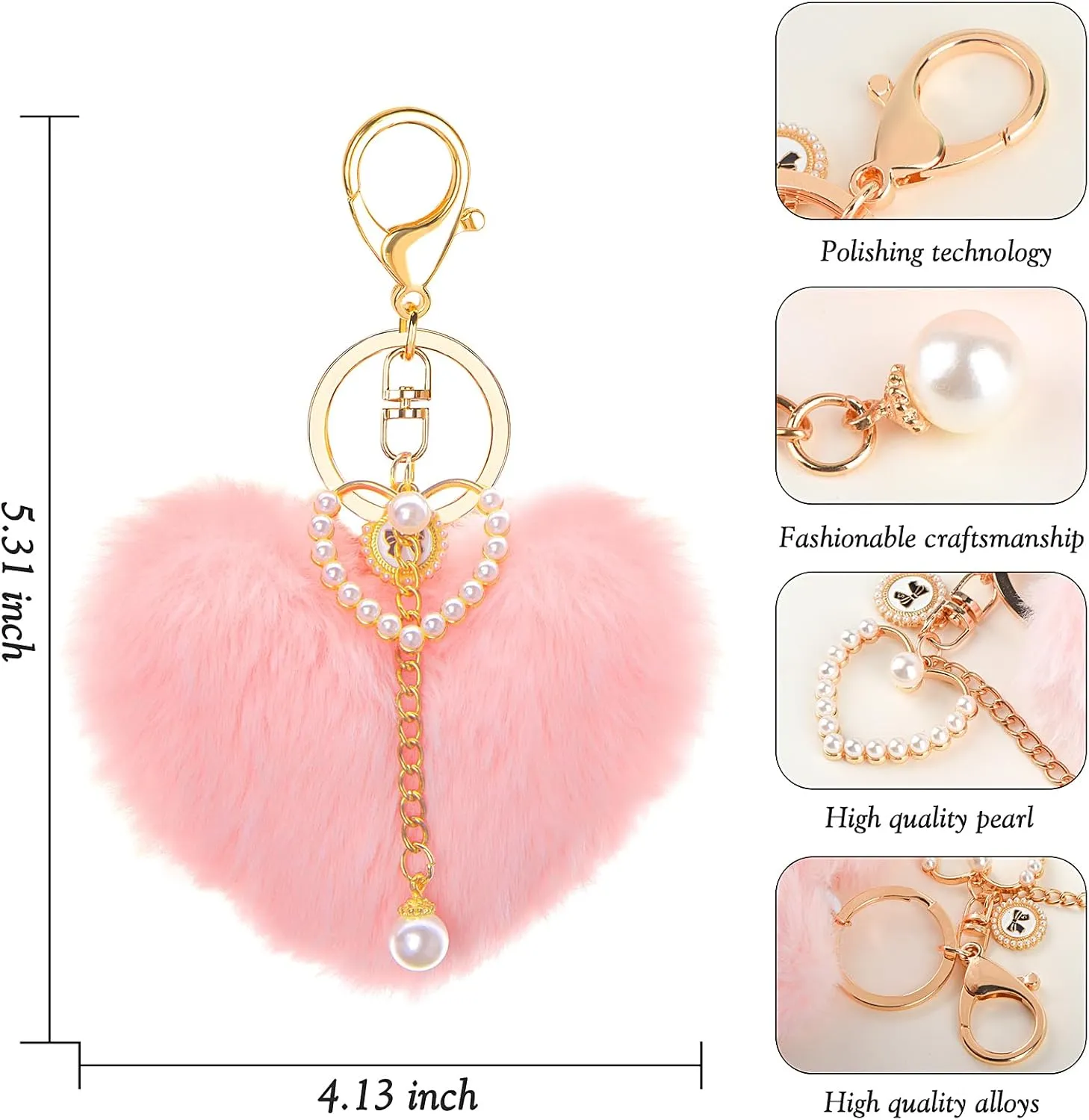 Heart Plush Keychain, Faux Fur Pom Pom Bag Charms, Cute Accessories for Backpacks Purse Car Key