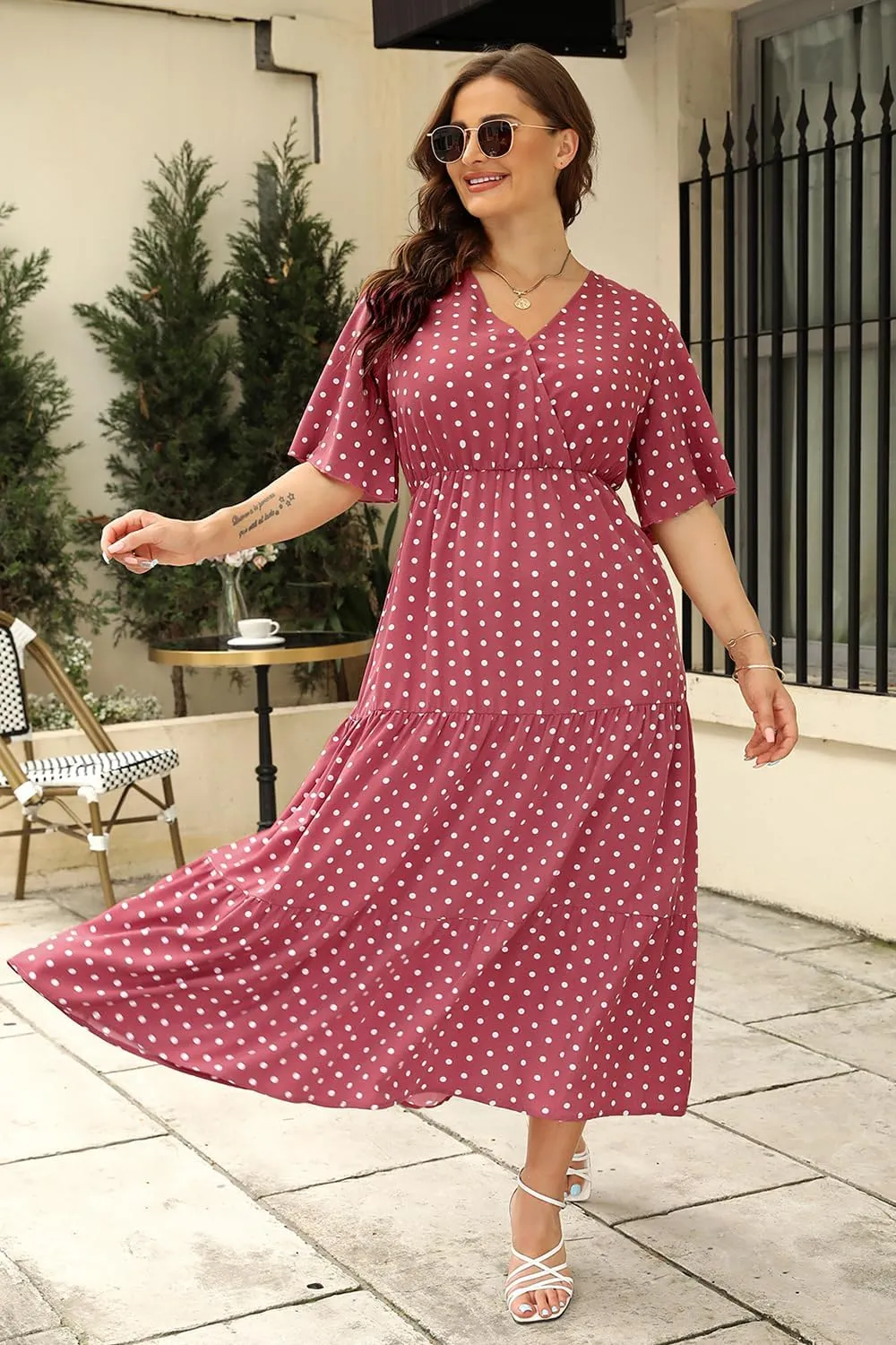 Keluummi Plus Size Summer Wedding Guest Maxi Dresses for Curvy Women, Casual Floral 3/4 Sleeve Emipre Waist V Neck Long Dress