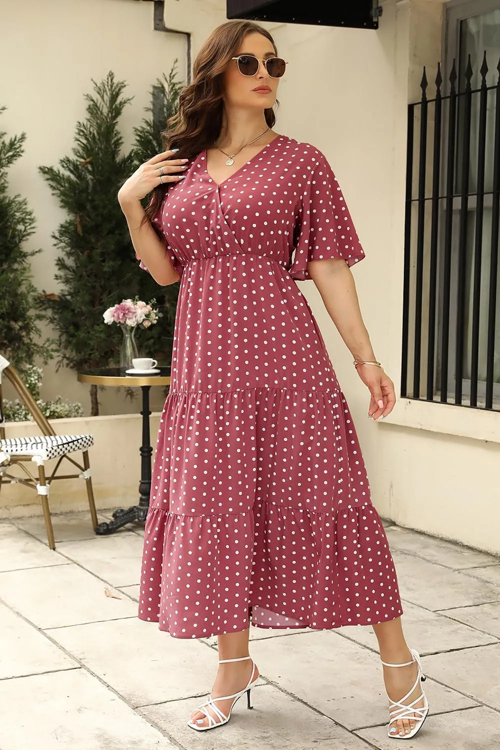 Keluummi Plus Size Summer Wedding Guest Maxi Dresses for Curvy Women, Casual Floral 3/4 Sleeve Emipre Waist V Neck Long Dress