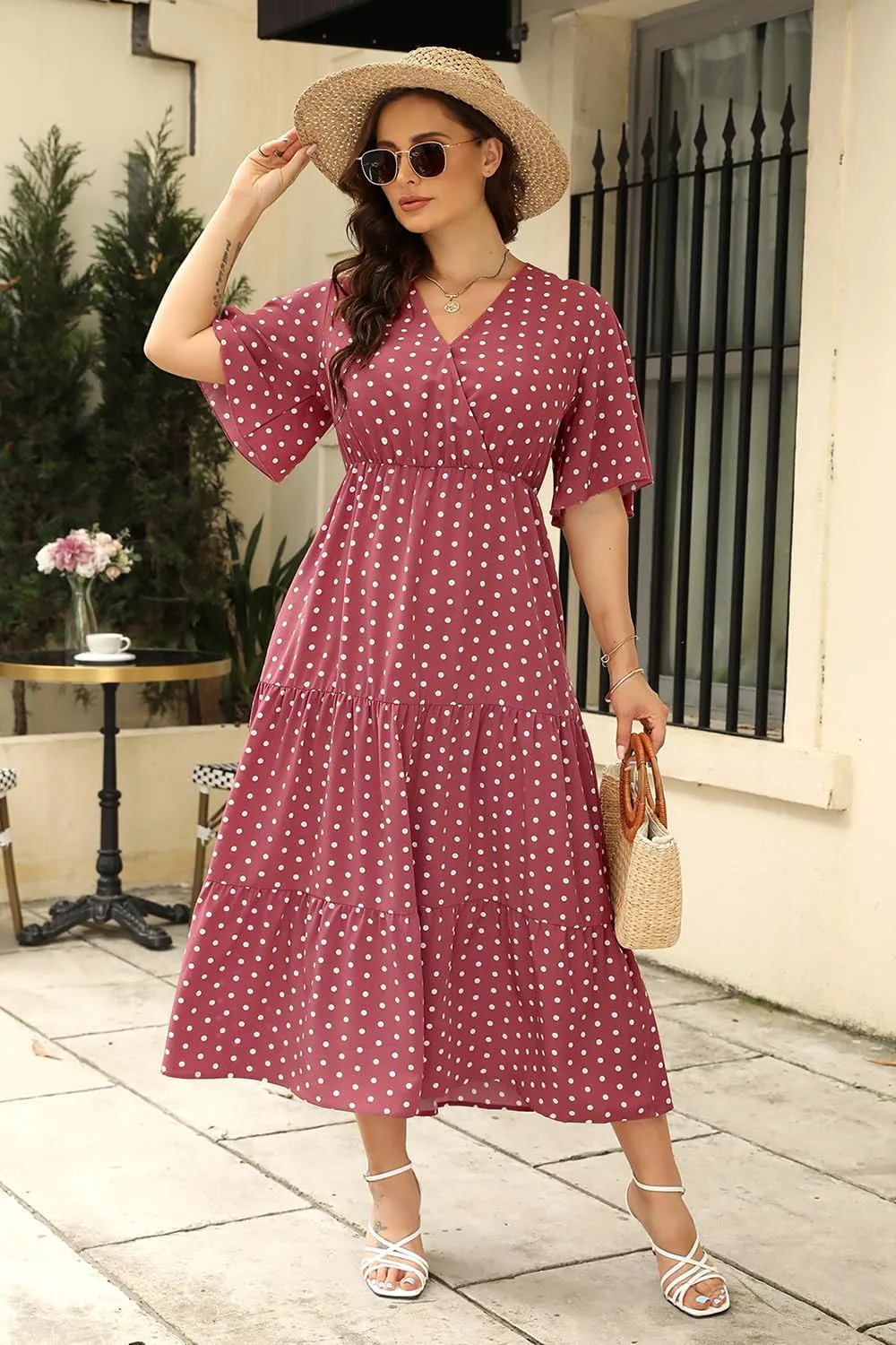 Keluummi Plus Size Summer Wedding Guest Maxi Dresses for Curvy Women, Casual Floral 3/4 Sleeve Emipre Waist V Neck Long Dress
