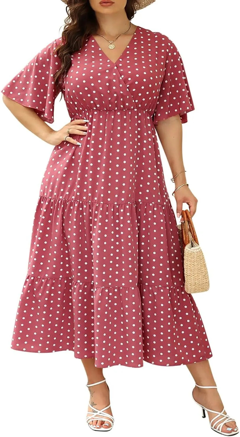 Keluummi Plus Size Summer Wedding Guest Maxi Dresses for Curvy Women, Casual Floral 3/4 Sleeve Emipre Waist V Neck Long Dress
