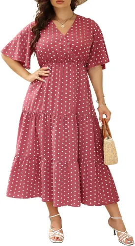 Keluummi Plus Size Summer Wedding Guest Maxi Dresses for Curvy Women, Casual Floral 3/4 Sleeve Emipre Waist V Neck Long Dress