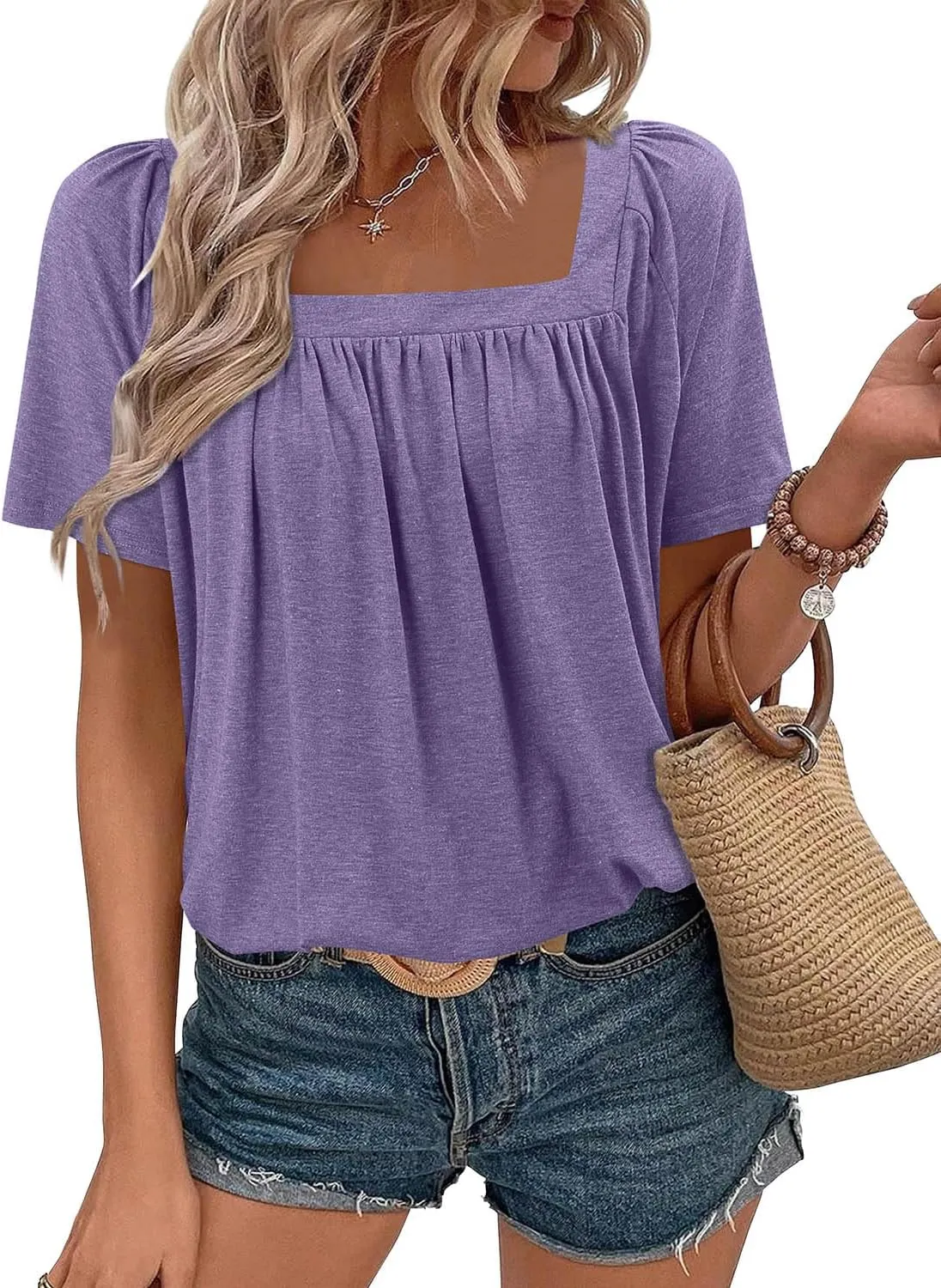 KISSMODA Womens Summer Tops 2025 Trendy Casual Short Sleeve Shirts Dressy Cute Pleated Loose Blouses S-3XL