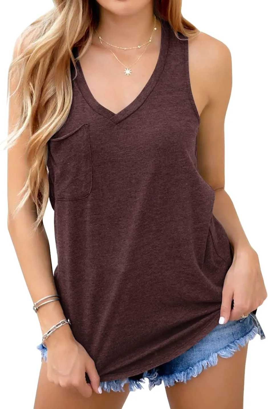 Laseily Women's V Neck Sleeveless Tank Tops Workout Yoga Loose Lightweight Flowy Summer Tee Shirts with Pocket