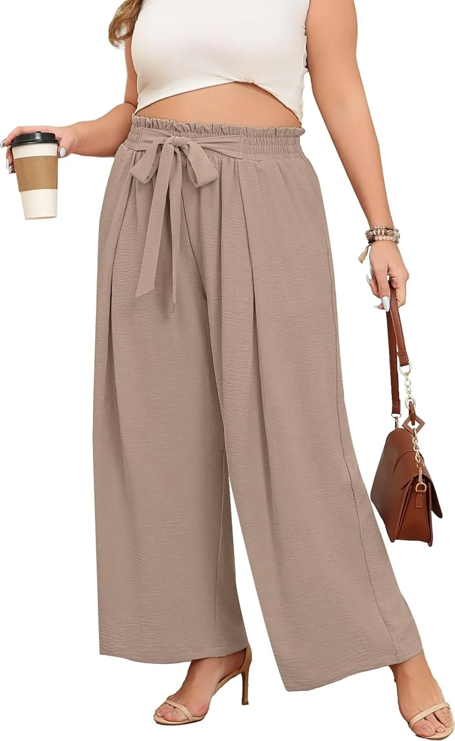 Lastshe Plus Size Summer Pants for Women Wide Leg Paper Bag Pants High Waisted Palazzo Work Casual Trousers