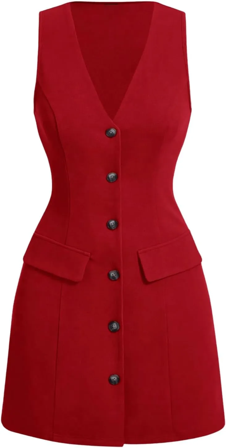MakeMeChic Women's Elegant Short Dresses Deep V Neck Button Down Sleeveless Blazer Dress