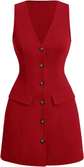 MakeMeChic Women's Elegant Short Dresses Deep V Neck Button Down Sleeveless Blazer Dress