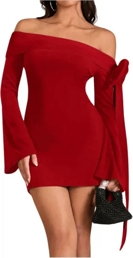 MakeMeChic Women's Off The Shoulder Bell Sleeve Mini Dress Bowknot Cocktail Party Bodycon Dresses