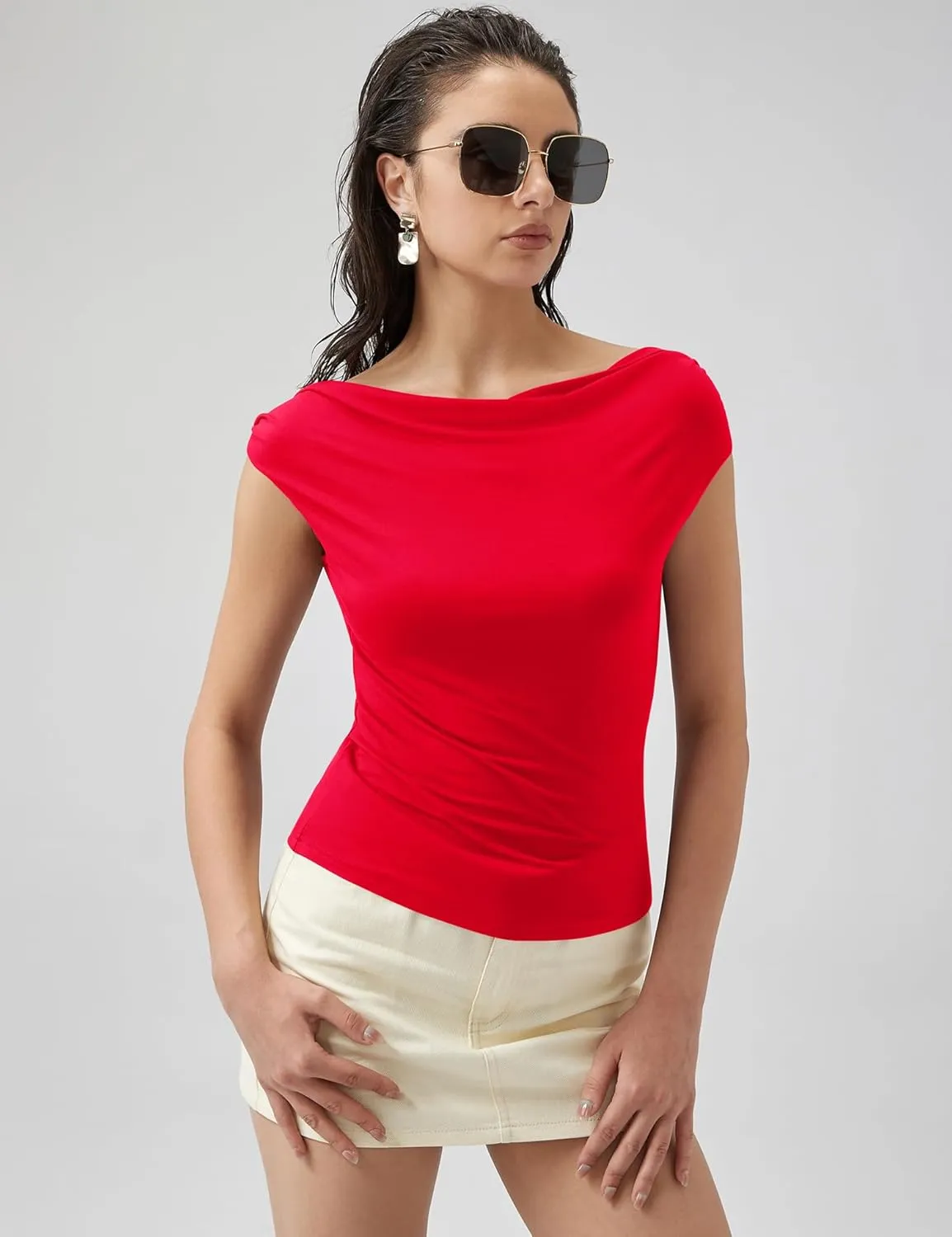 Micoson Womens Off The Shoulder Tops Boat Neck Twist Sleeveless Shirts Going Out Top Slim Fit Summer T-Shirt Y2K Clothing