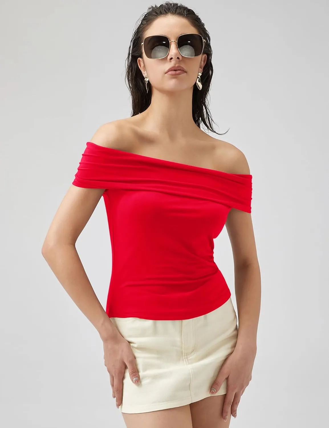 Micoson Womens Off The Shoulder Tops Boat Neck Twist Sleeveless Shirts Going Out Top Slim Fit Summer T-Shirt Y2K Clothing