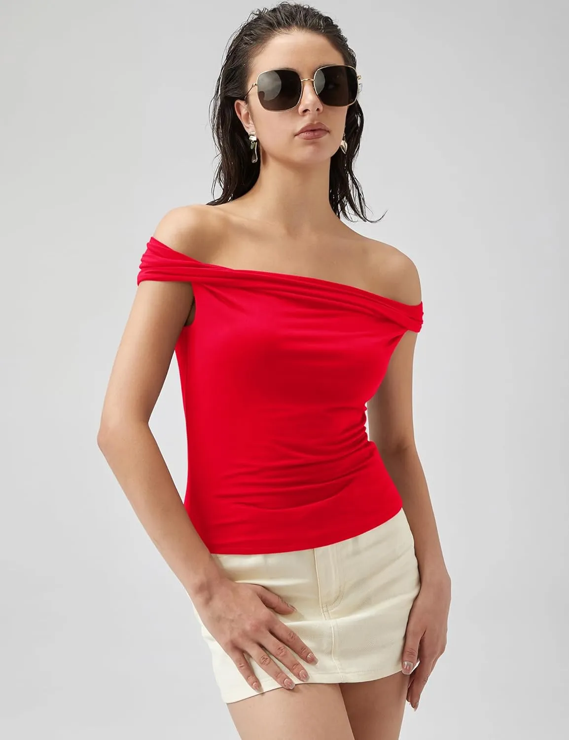 Micoson Womens Off The Shoulder Tops Boat Neck Twist Sleeveless Shirts Going Out Top Slim Fit Summer T-Shirt Y2K Clothing
