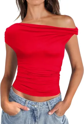 Micoson Womens Off The Shoulder Tops Boat Neck Twist Sleeveless Shirts Going Out Top Slim Fit Summer T-Shirt Y2K Clothing
