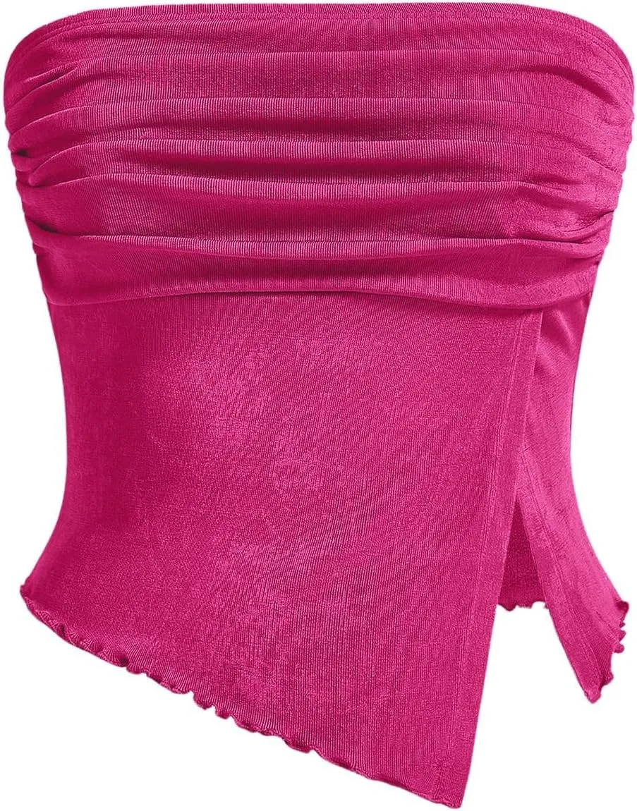 Milumia Women Mesh Tube Tops Split Hem Going Out Strapless Bandeau Tops Ruched Tank Shirts