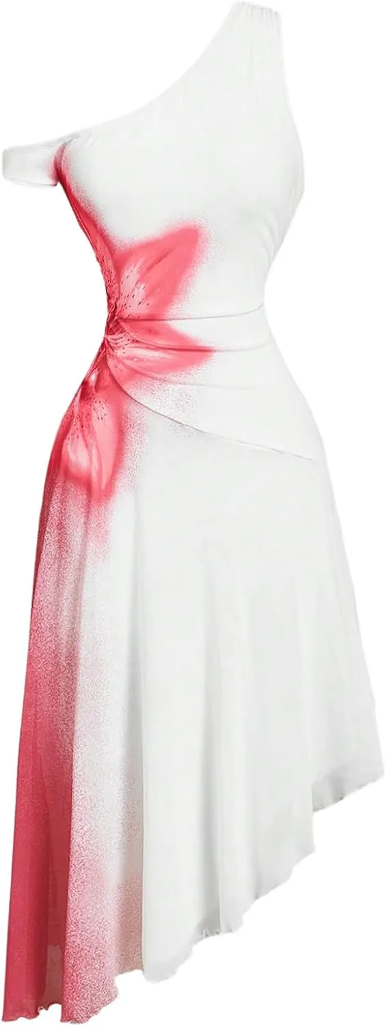 Milumia Women's Floral Asymmetrical Neck Dress Ruched Ruffle Sleeveless Midi Dresses