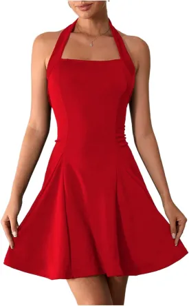 Milumia Women's Halter Mini Dress Backless A Line Flare Party Club Short Dresses