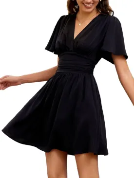 Milumia Women's Summer Ruched A Line Wrap Mini Dress Short Sleeve V Neck Swing Short Dress