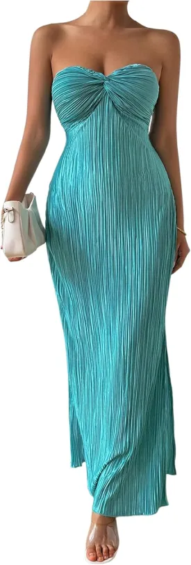 Milumia Women's Twist Front Strapless Bodycon Dress Summer Split Thigh Maxi Tube Dresses Vacation Outfits