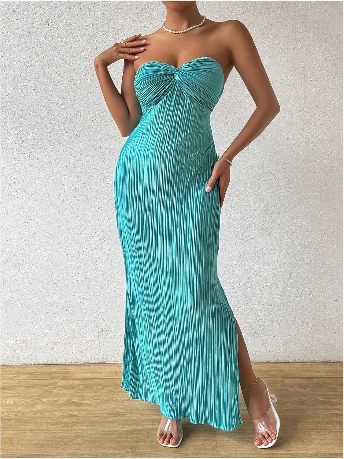Milumia Women's Twist Front Strapless Bodycon Dress Summer Split Thigh Maxi Tube Dresses Vacation Outfits