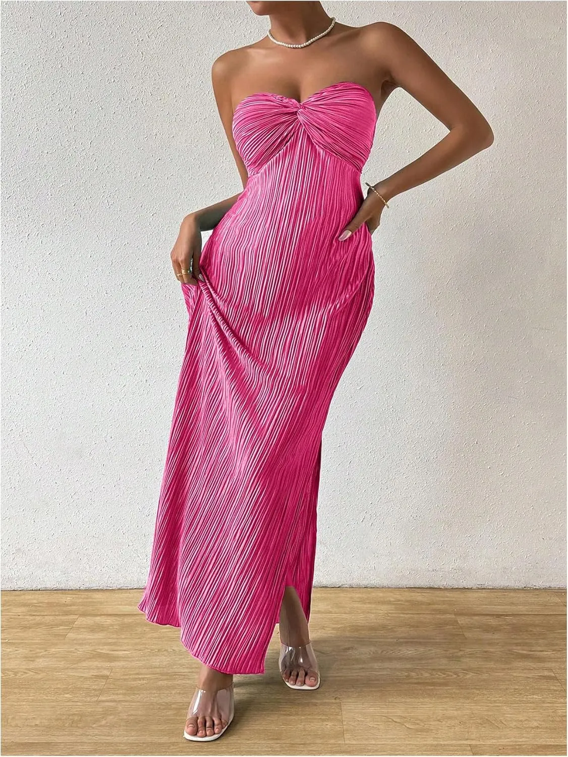 Milumia Women's Twist Front Strapless Bodycon Dress Summer Split Thigh Maxi Tube Dresses Vacation Outfits