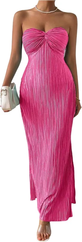 Milumia Women's Twist Front Strapless Bodycon Dress Summer Split Thigh Maxi Tube Dresses Vacation Outfits