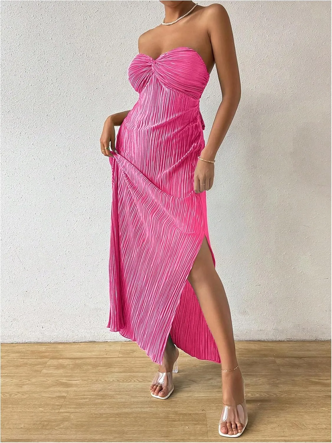 Milumia Women's Twist Front Strapless Bodycon Dress Summer Split Thigh Maxi Tube Dresses Vacation Outfits