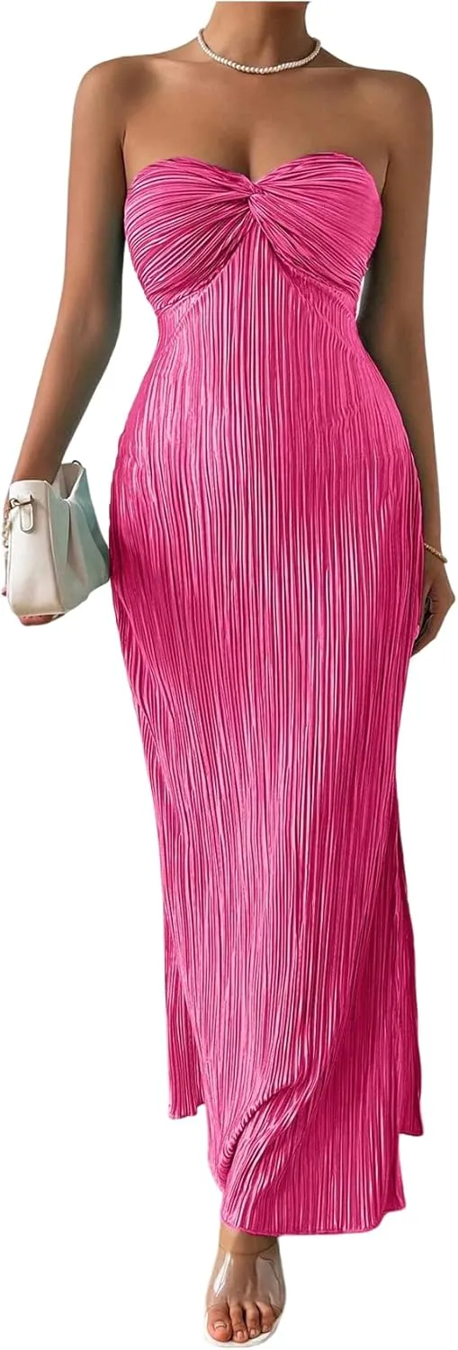 Milumia Women's Twist Front Strapless Bodycon Dress Summer Split Thigh Maxi Tube Dresses Vacation Outfits