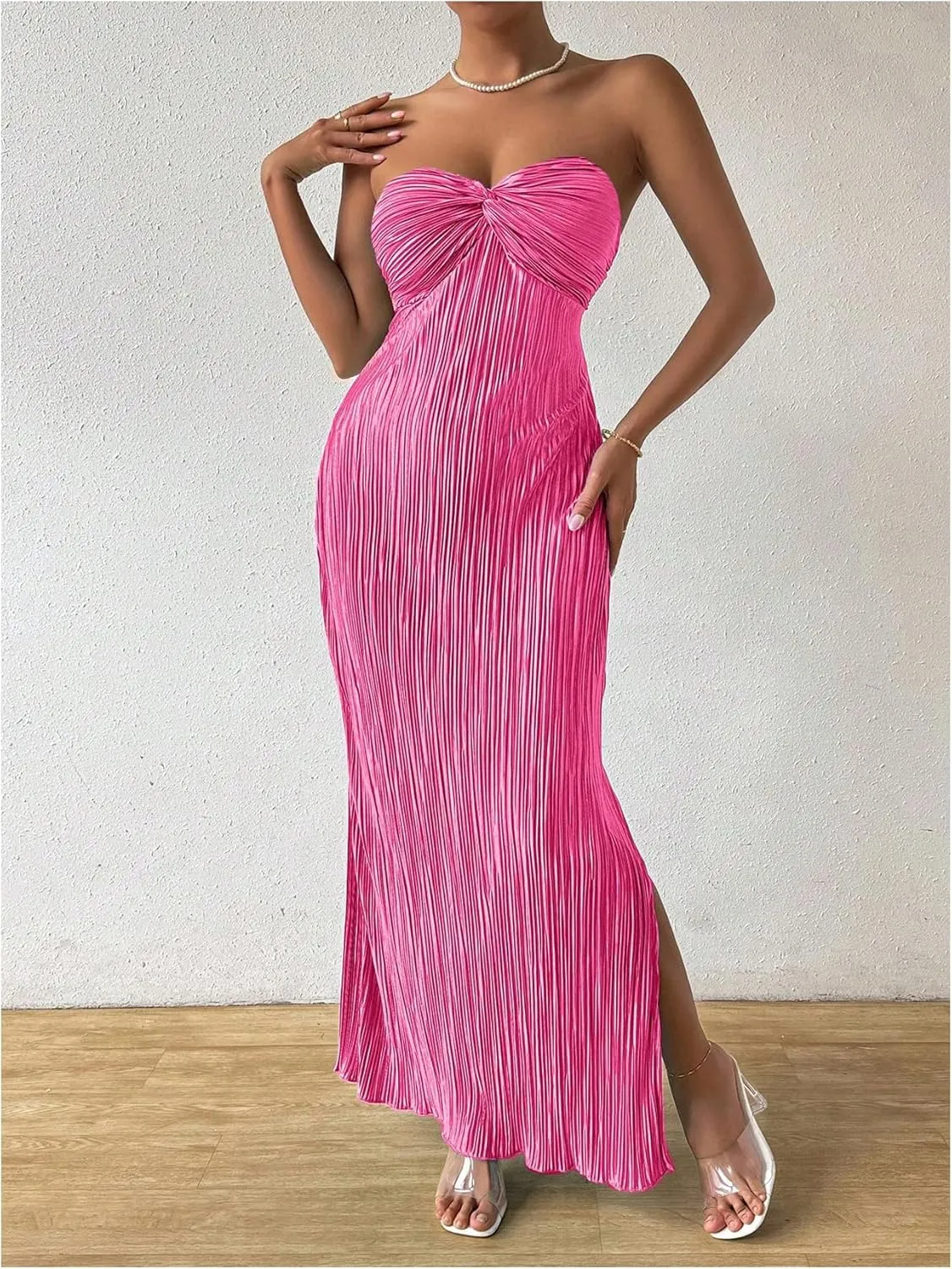 Milumia Women's Twist Front Strapless Bodycon Dress Summer Split Thigh Maxi Tube Dresses Vacation Outfits