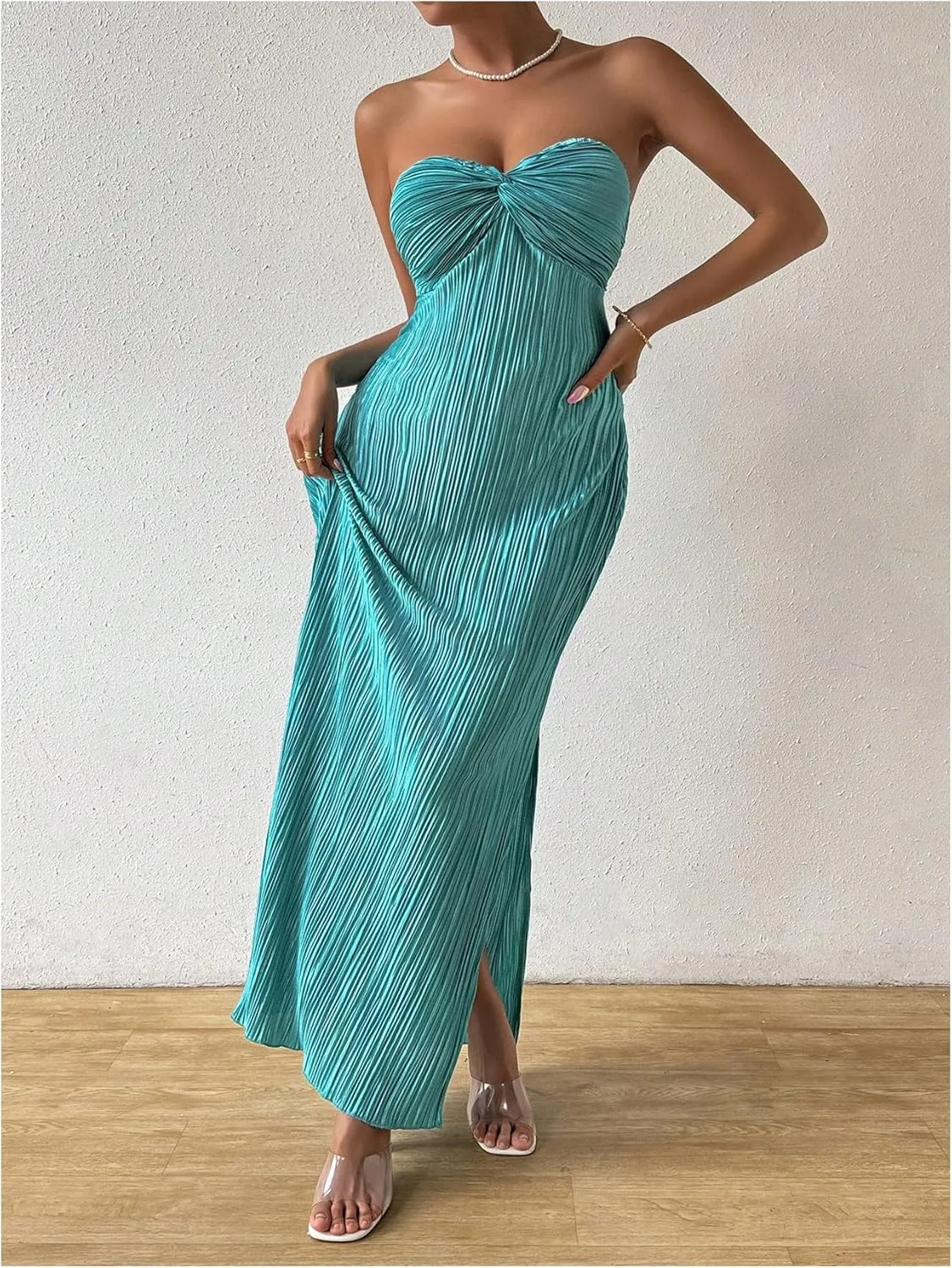 Milumia Women's Twist Front Strapless Bodycon Dress Summer Split Thigh Maxi Tube Dresses Vacation Outfits