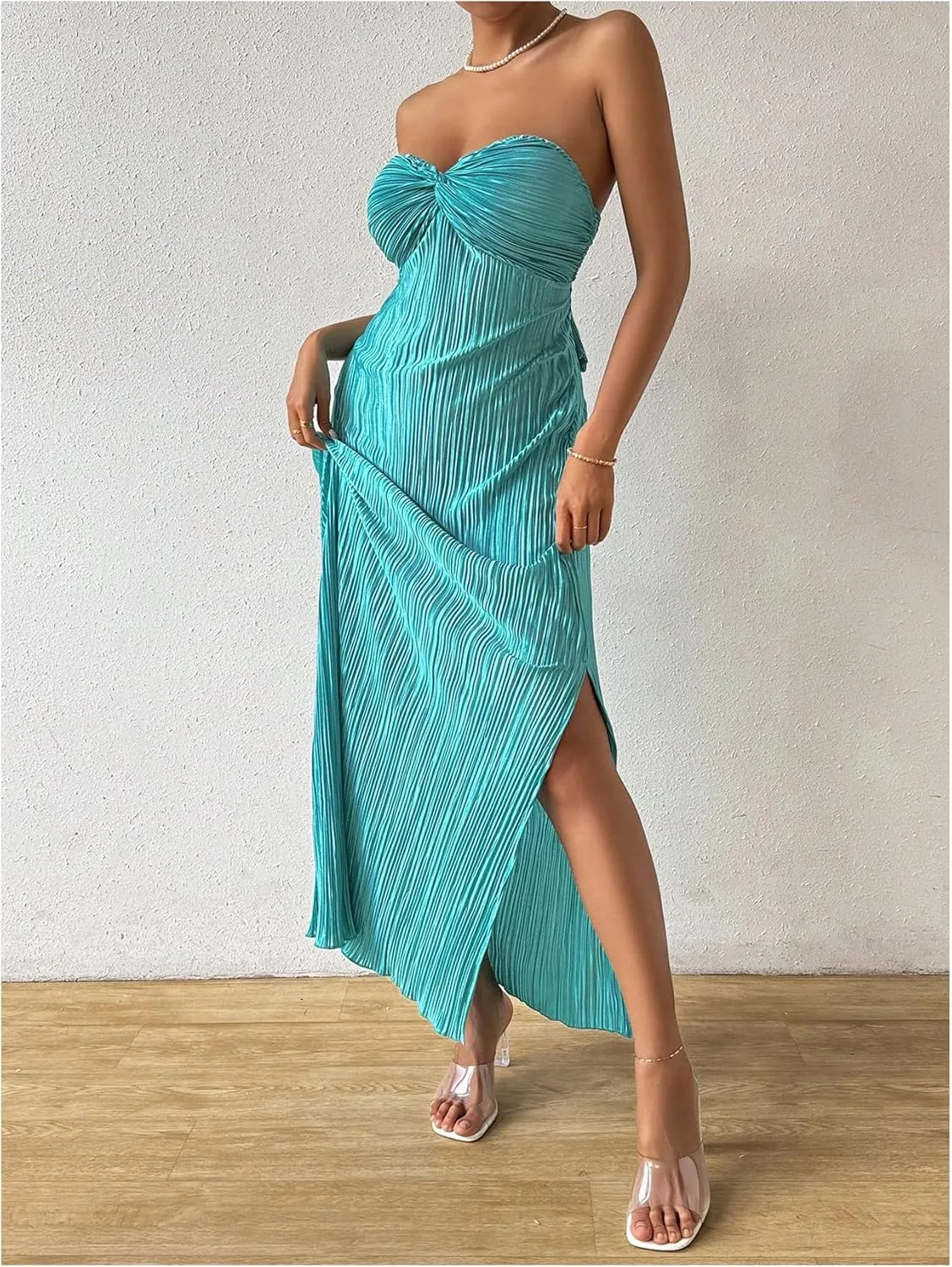 Milumia Women's Twist Front Strapless Bodycon Dress Summer Split Thigh Maxi Tube Dresses Vacation Outfits