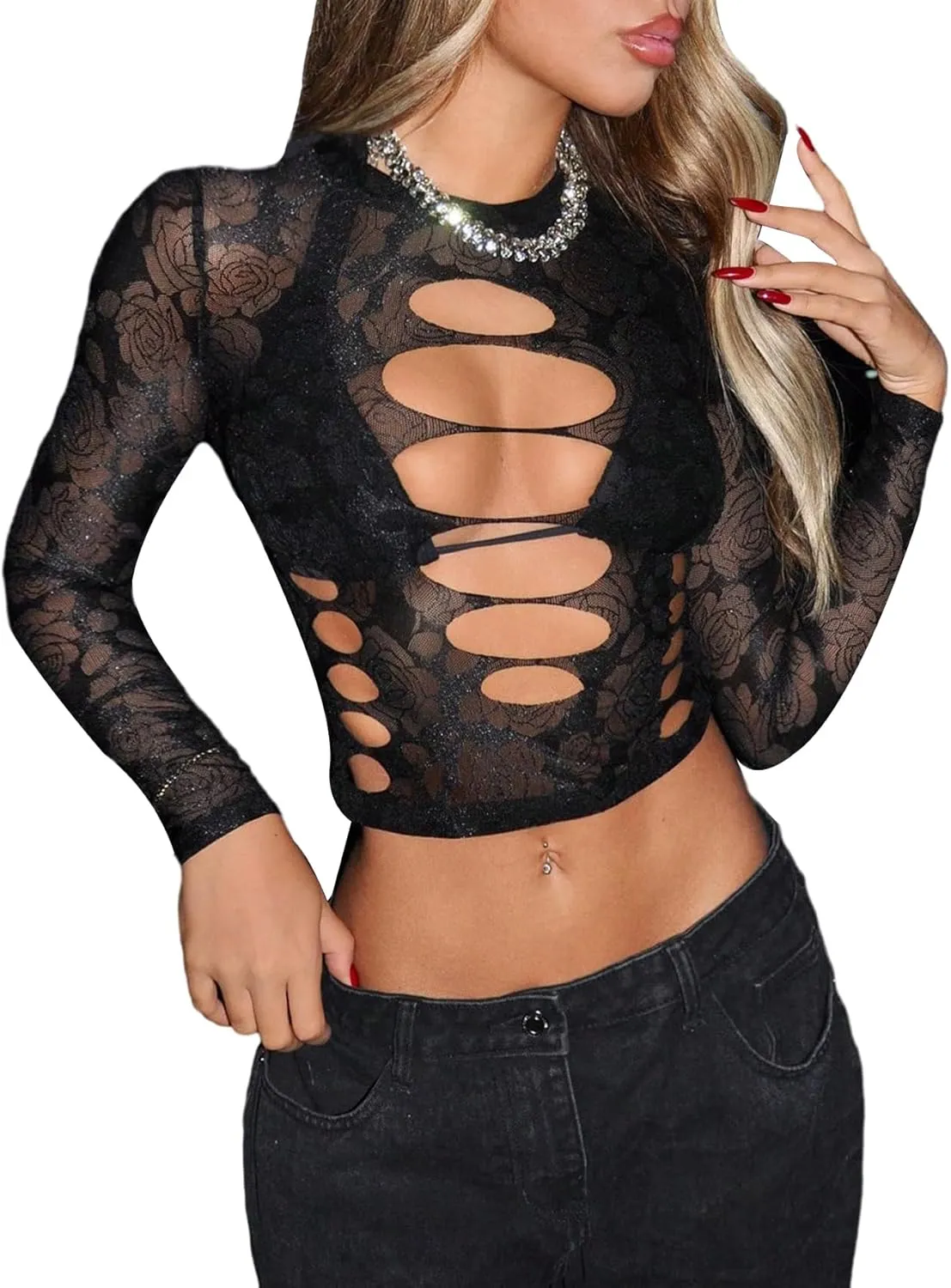 Milumia Women's Y2k Cut Out Floral Mesh Long Sleeve Sheer Crop Tee Sexy Rave Party Tops