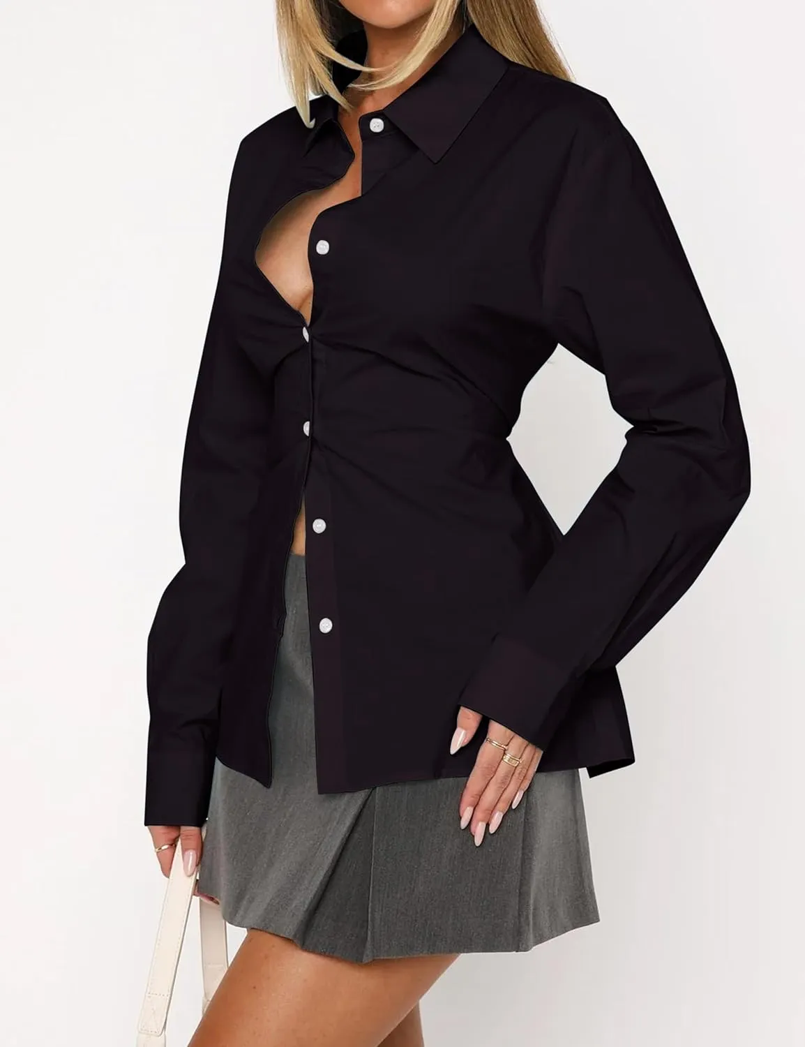 MISSACTIVER Women's Lapel Collar Button Down Shirt Cinch Waist Long Sleeve Casual Work Dressy Tunics Blouse Corset Tops