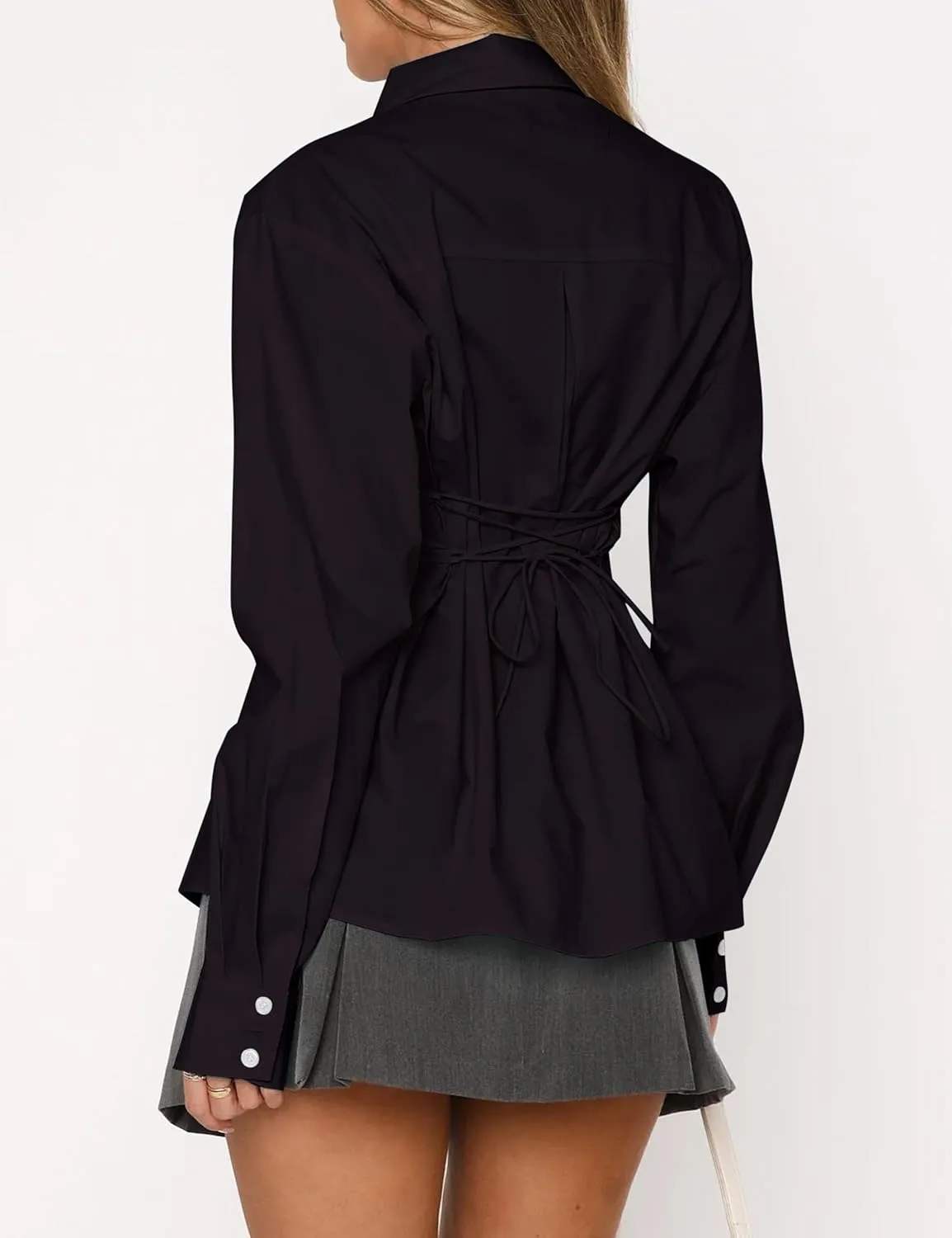 MISSACTIVER Women's Lapel Collar Button Down Shirt Cinch Waist Long Sleeve Casual Work Dressy Tunics Blouse Corset Tops