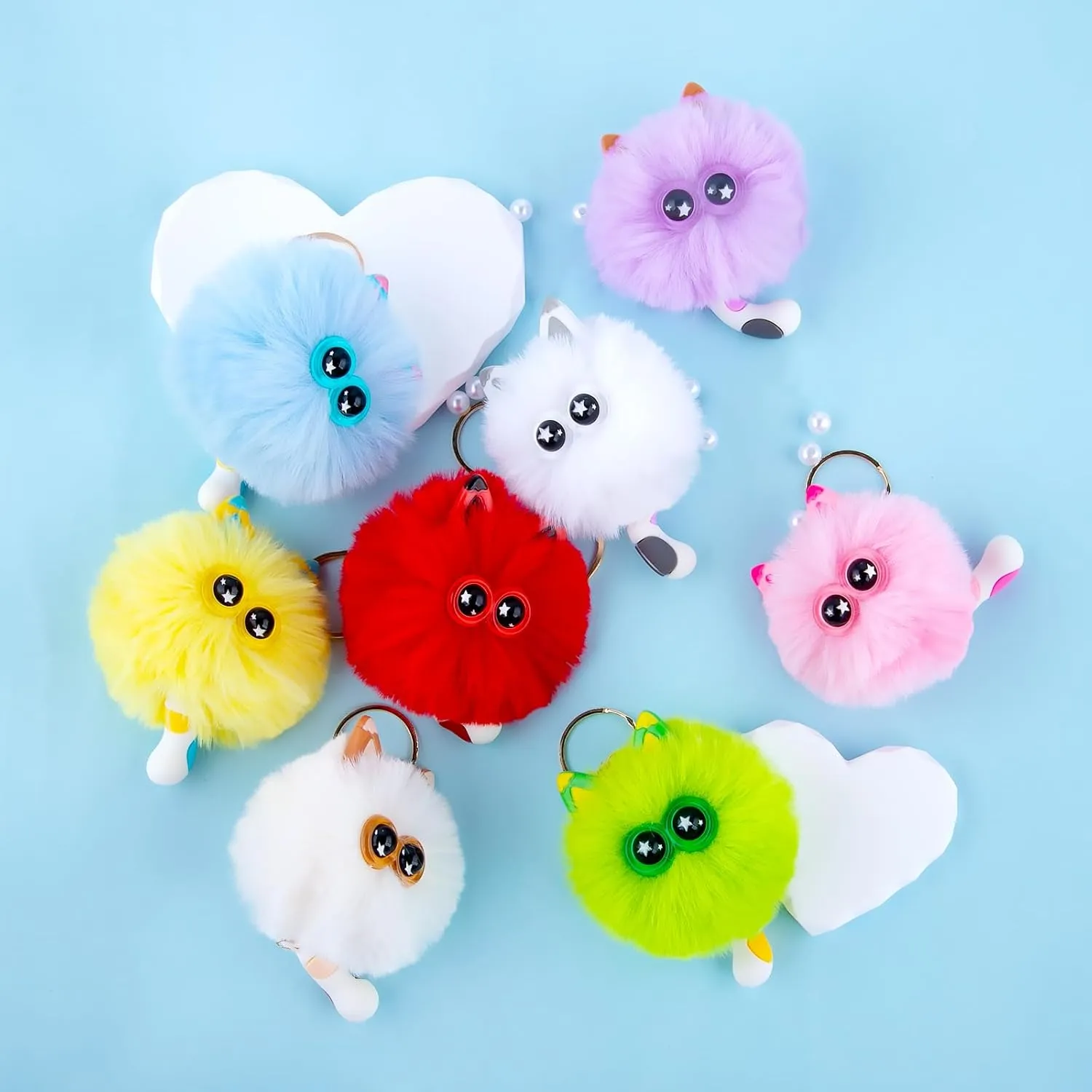 Niceup 8pcs Girls Cute Kitten Cat Pom Pom Fuzzy Keychains Puff Ball Fluffy Charms Keyrings for Kids Party Favors Goddie Bag Fillers