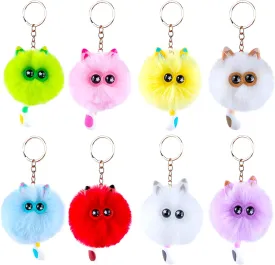 Niceup 8pcs Girls Cute Kitten Cat Pom Pom Fuzzy Keychains Puff Ball Fluffy Charms Keyrings for Kids Party Favors Goddie Bag Fillers