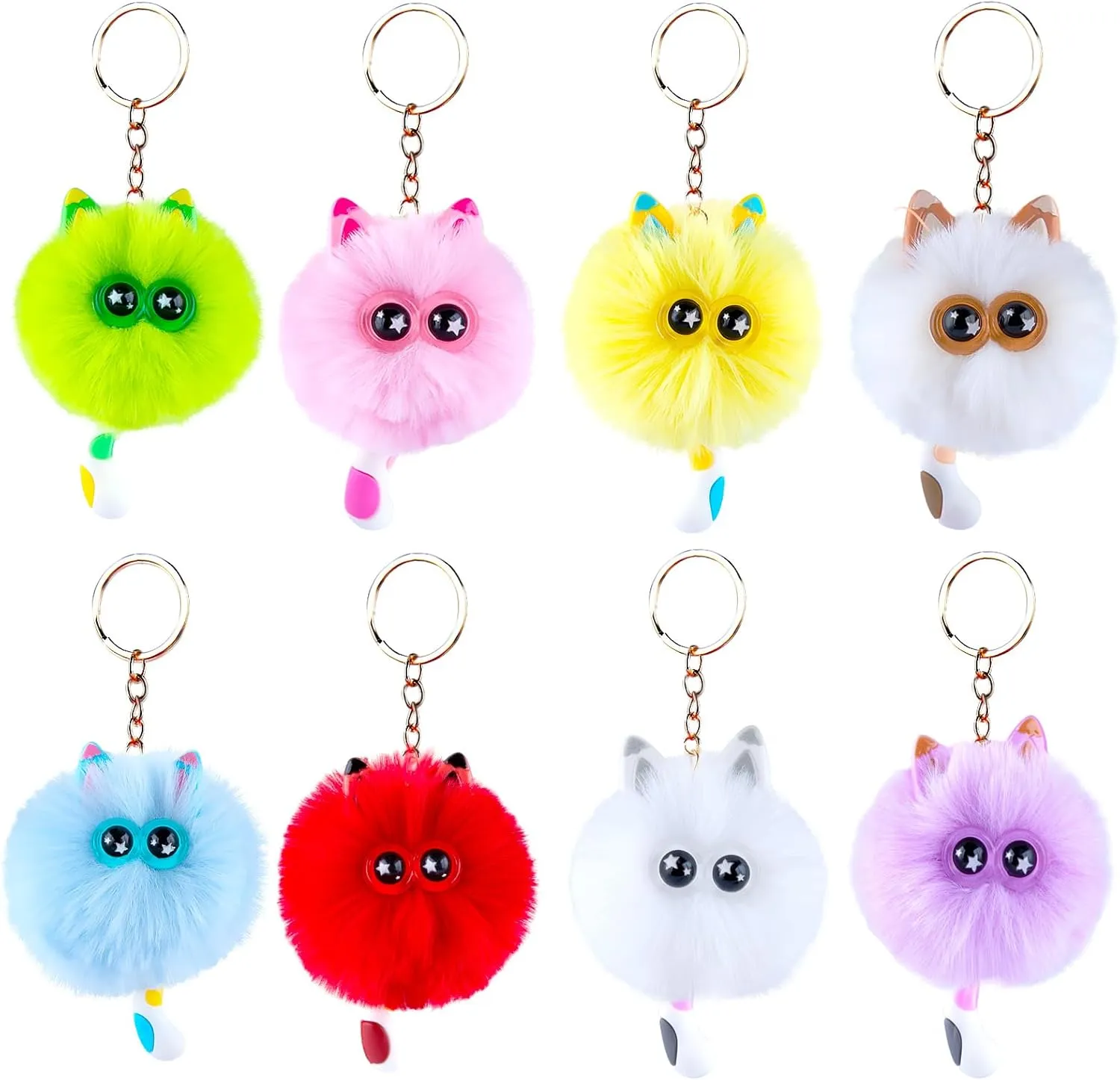 Niceup 8pcs Girls Cute Kitten Cat Pom Pom Fuzzy Keychains Puff Ball Fluffy Charms Keyrings for Kids Party Favors Goddie Bag Fillers
