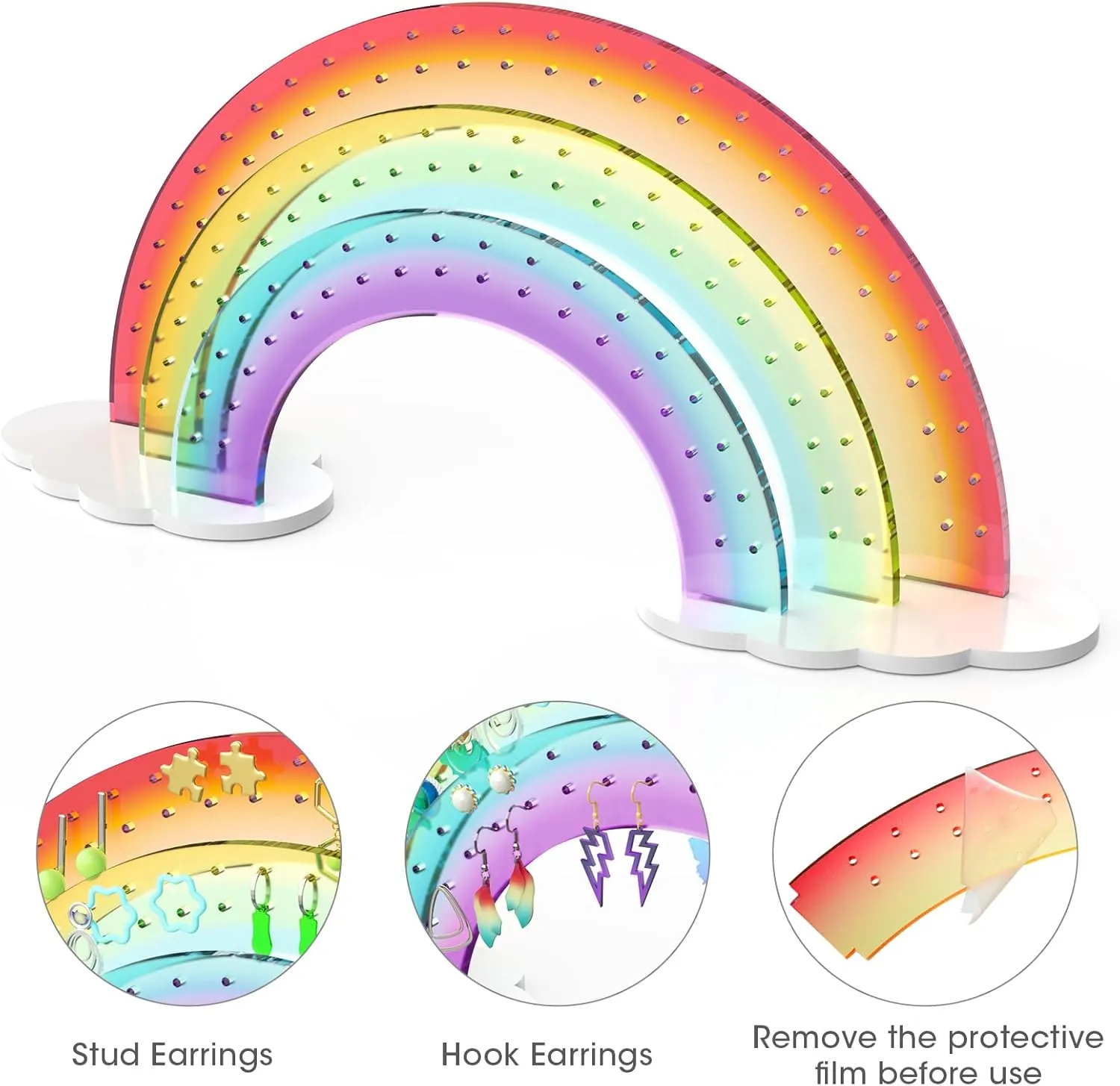 NiHome Rainbow Acrylic Earring Holder for Home, Office, Vanity - Lightweight Multicolored Layered Display with 140 Holes for Up to 70 Pairs, Durable Resistant to Fading & Deformation (Gradient)