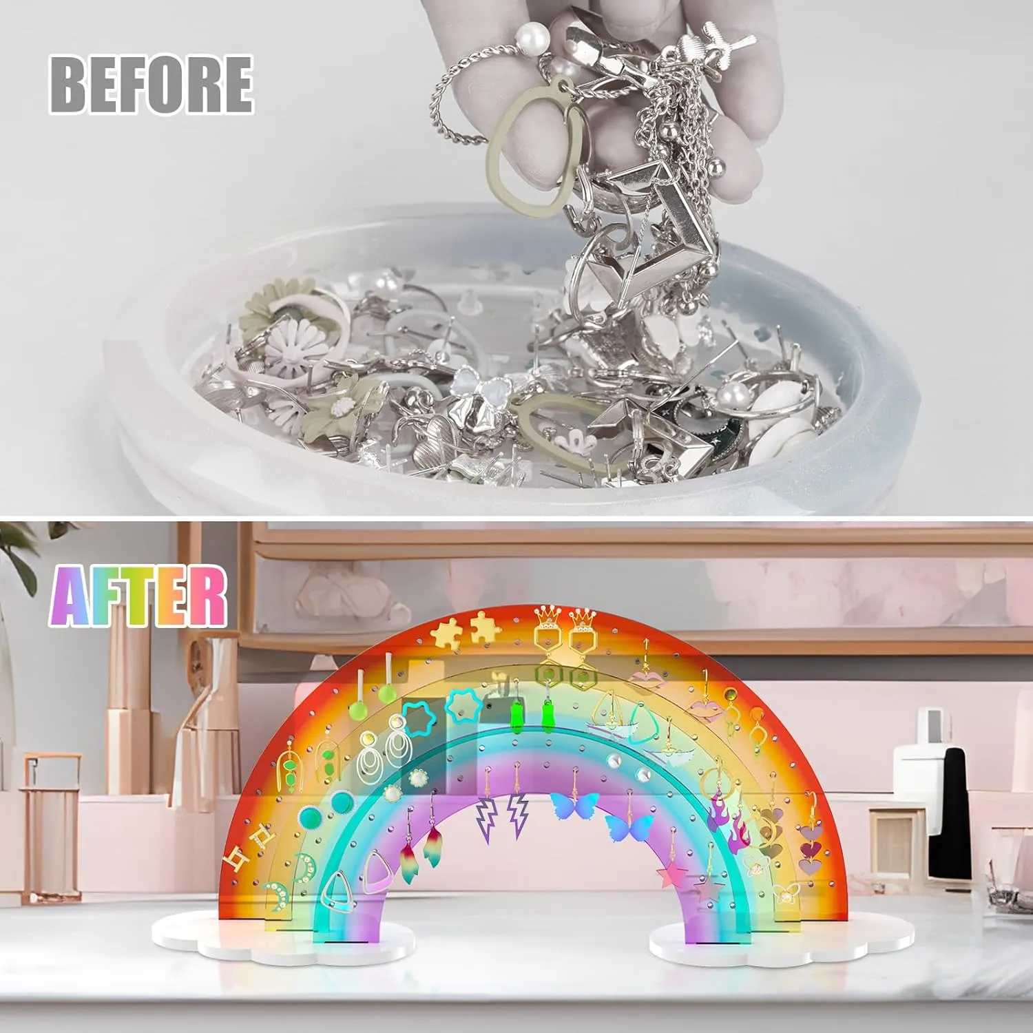 NiHome Rainbow Acrylic Earring Holder for Home, Office, Vanity - Lightweight Multicolored Layered Display with 140 Holes for Up to 70 Pairs, Durable Resistant to Fading & Deformation (Gradient)