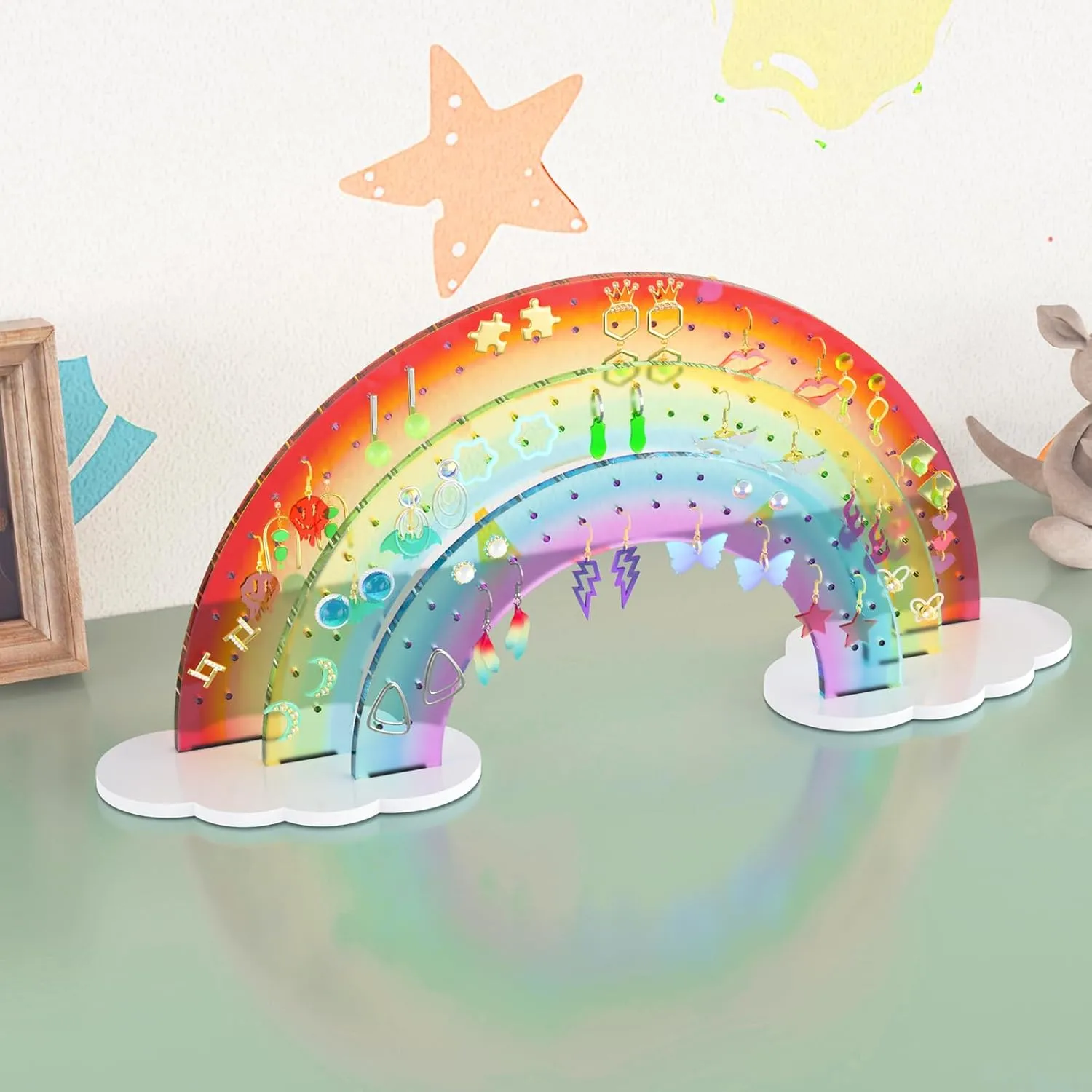 NiHome Rainbow Acrylic Earring Holder for Home, Office, Vanity - Lightweight Multicolored Layered Display with 140 Holes for Up to 70 Pairs, Durable Resistant to Fading & Deformation (Gradient)
