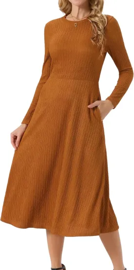 Seta T Women's Fall Dresses Long Sleeve Round Neck Casual Knit A-Line Midi Dress