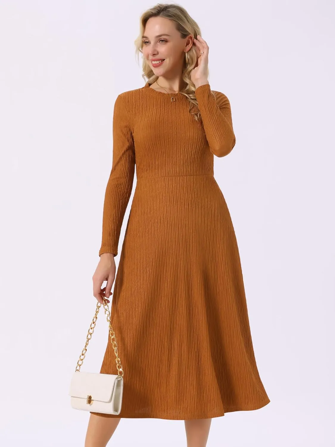 Seta T Women's Fall Dresses Long Sleeve Round Neck Casual Knit A-Line Midi Dress