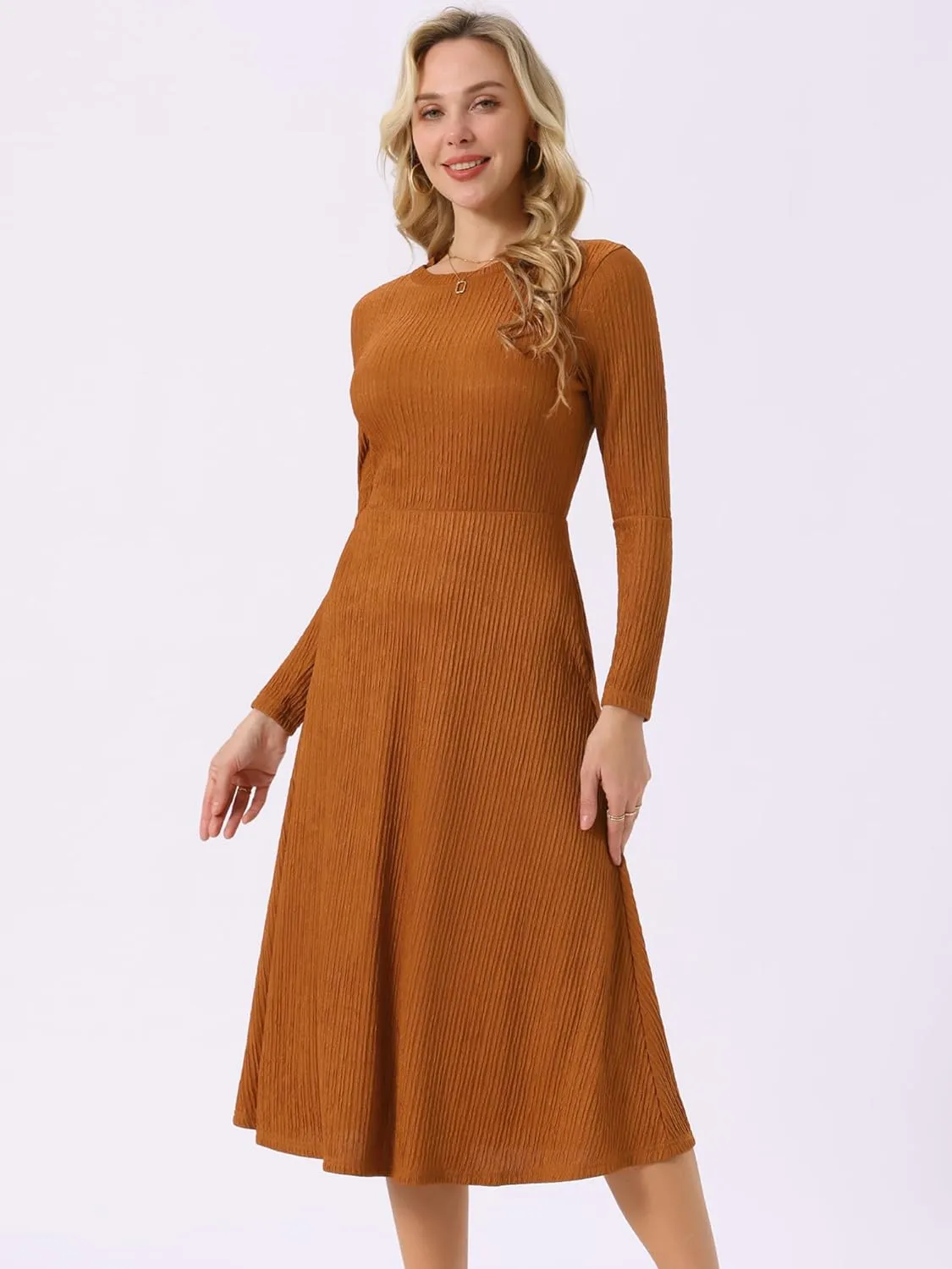 Seta T Women's Fall Dresses Long Sleeve Round Neck Casual Knit A-Line Midi Dress