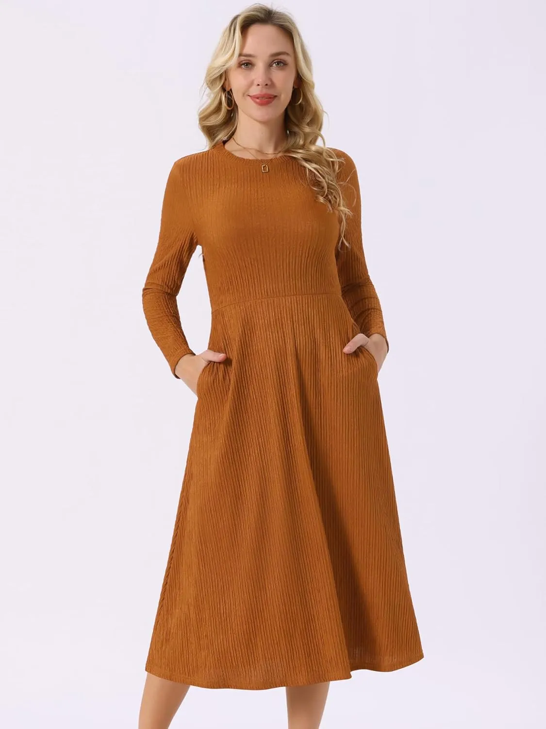 Seta T Women's Fall Dresses Long Sleeve Round Neck Casual Knit A-Line Midi Dress