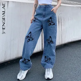 SHENGPALAE 2021 New Summer Vintage Jeans Woman Long Trousers Cowboy Female Loose Streetwear Butterfly Print Pants ZA4110