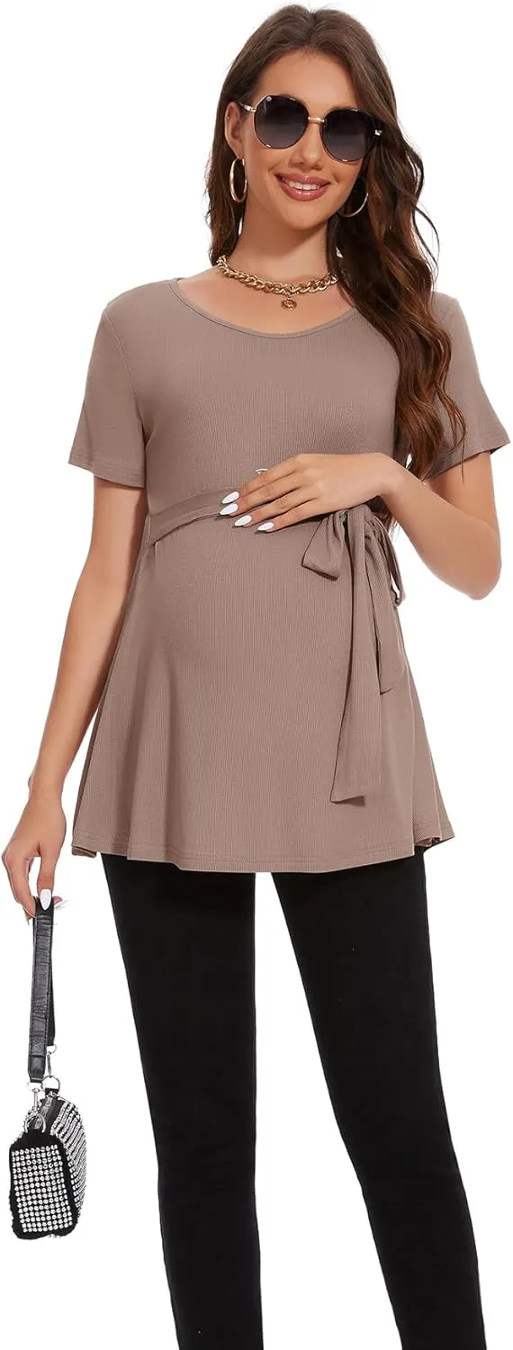 Smallshow Women's Maternity Shirts Tie Front Short Sleeve Pregnancy Tops Clothes