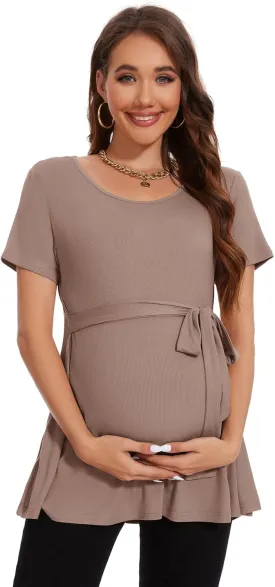 Smallshow Women's Maternity Shirts Tie Front Short Sleeve Pregnancy Tops Clothes