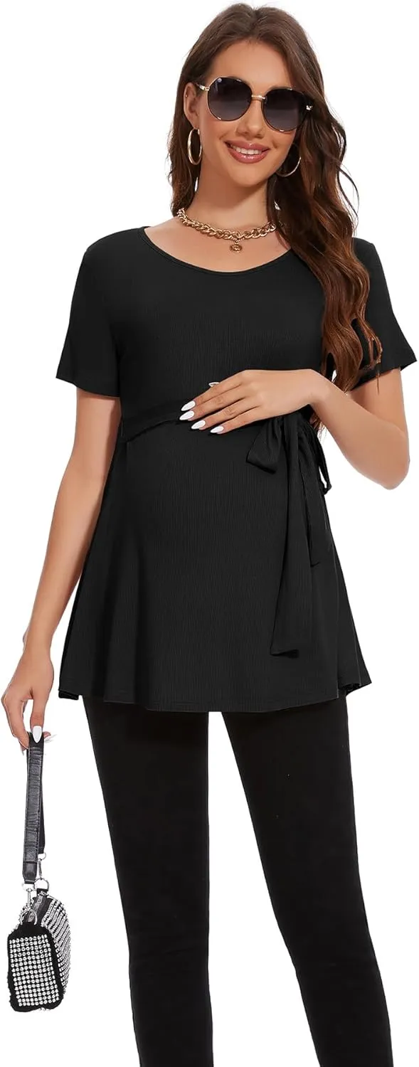 Smallshow Women's Maternity Shirts Tie Front Short Sleeve Pregnancy Tops Clothes